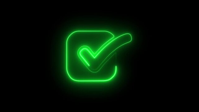 Neon green color checkmark icon for user verification footage. on dark background.