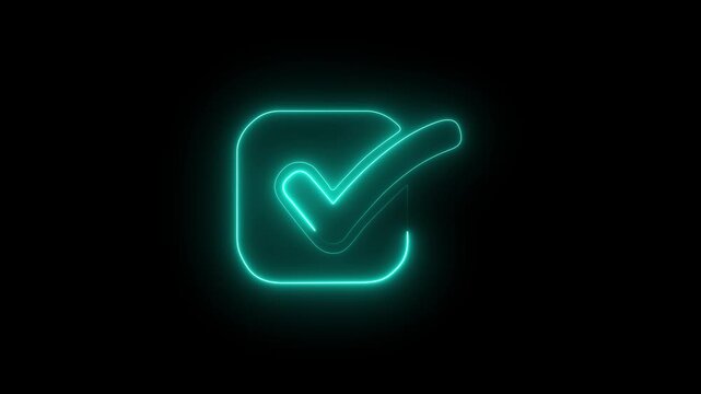 Neon cyan color checkmark icon for user verification footage. on dark background.