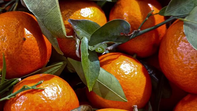 Close-up footage of fresh ripe mandarin oranges with green leaves stacked together. Smooth zoom out camera movement revealing a vibrant full frame citrus fruit background for food, agriculture, and he