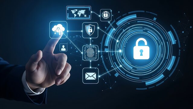 Businessman interacting with digital security icons and a large padlock on a futuristic interface screen with various online security symbols - Powered by Adobe