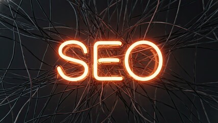 SEO illuminated : A captivating neon sign glows with the letters SEO, intertwined with intricate strands, against a mysterious backdrop. This image embodies the essence of search engine optimization.