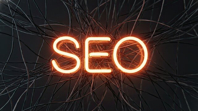 SEO illuminated : A captivating neon sign glows with the letters SEO, intertwined with intricate strands, against a mysterious backdrop. This image embodies the essence of search engine optimization. - Powered by Adobe