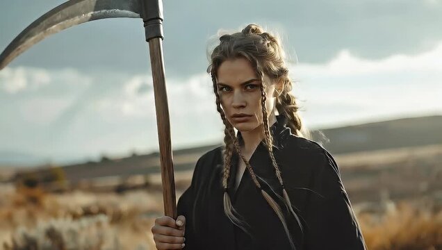 Grim Reaper Young Woman with Scythe on Field of Dreams and Distant Hills