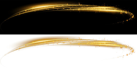 Light Glow Wave Golden light wave, glowing particles, light line, magic light, isolated on dark background. golden star Gold shine wave spark light dust particles background black design texture PNG