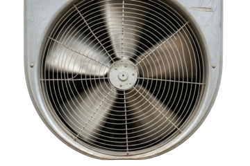 Industrial ventilation fan with spinning metal blades and wire guard on a transparent background