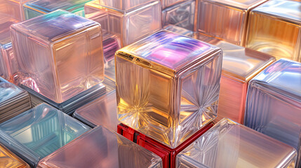 abstract composition: glass cubes with reflections and color gradients