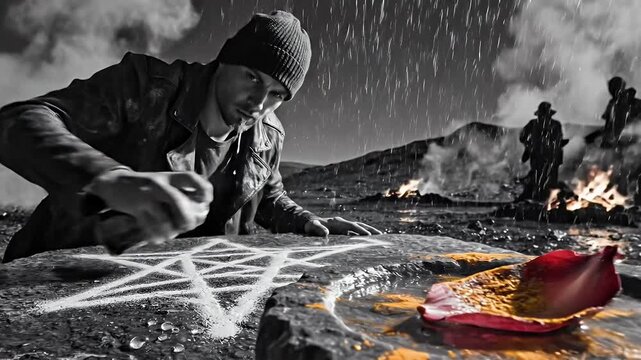 Mysterious Ritual Under the Rain - A Dark and Enigmatic Scene of Occult Practices.