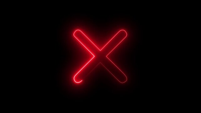 Neon red color cross icon for error loading animation. on dark background.