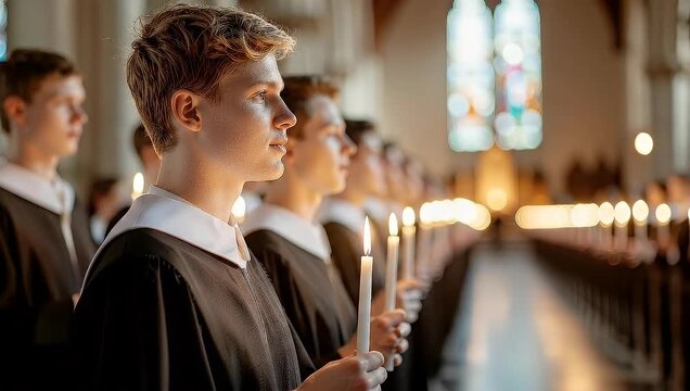 Choirboys holding candles in a church during a religious ceremony.