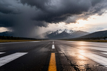 Wet Runway Under Dramatic Stormy Skies with Mountains