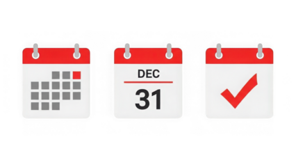Calendar icons with date and checkmark on white isolated on transparent background