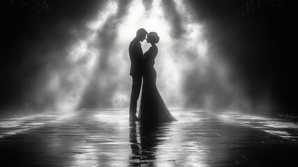 Two figures are silhouetted in an embrace reflected on a body of water under dramatic lighting.