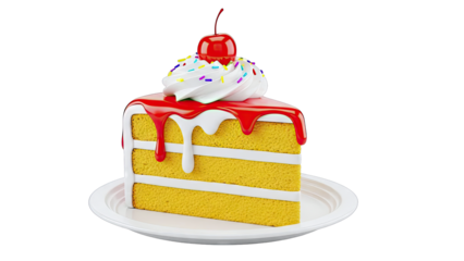 Slice of Yellow Layer Cake with Whipped Cream and Cherry