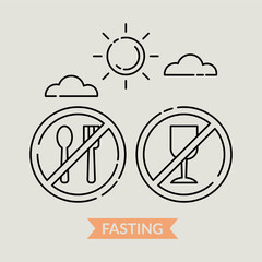 Outline illustration themed around fasting. Prohibited from eating and drinking during the daytime. Ramadan fasting. Vector illustration.