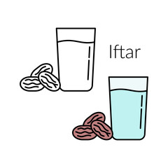 Iftar illustration with two different styles. Iftar with a glass of freshwater and three dates. Ramadan fasting. Islamic theme. Vector illustration.