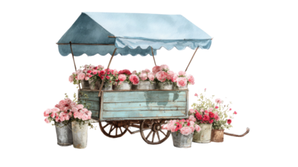 Vintage wooden flower cart filled with pink roses in metal buckets beneath blue canopy isolated on white background
