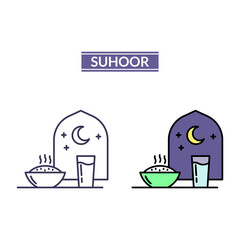 Suhoor illustration with two different styles. Ramadan theme. Eating before fasting. Vector illustration.