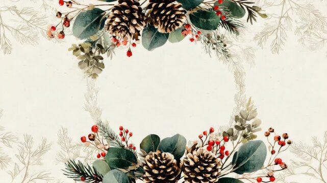 Festive winter wreath with pinecones and red berries on cream background