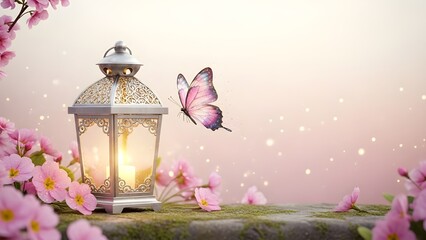 Whimsical Lantern with Pink Butterfly and Spring Flowers