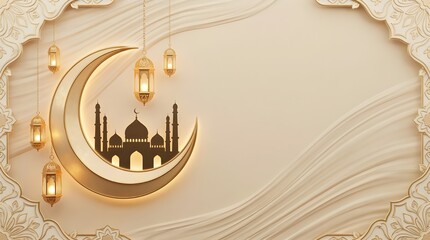 Islamic Ramadan Kareem Background with Golden Crescent and Mosque