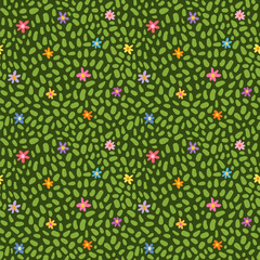 Colorful flowers on abstract vector green grass seamless pattern, cute design for fabric, carpets and kids room decor