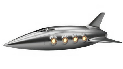 Sleek futuristic spacecraft with glowing lights isolated on transparent background