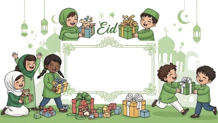 Eid Mubarak Greeting Card Template with Cartoon Children and Gifts