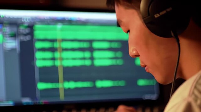 Person working on audio editing software with headphones and computer screen.