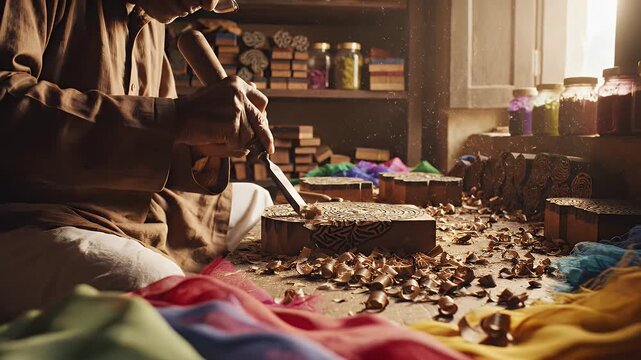 Artisan crafting traditional textile block printing in a workshop studio