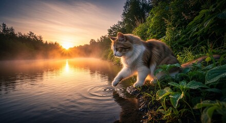 Majestic long-haired cat explores the misty riverbank touching the golden water at sunrise