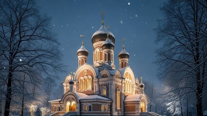 Fototapeta premium Majestic Illuminated Snow-Covered Orthodox Church at Night in Winter Landscape