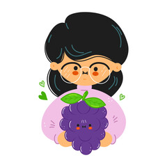 Cartoon girl with glasses holding a cute grape character