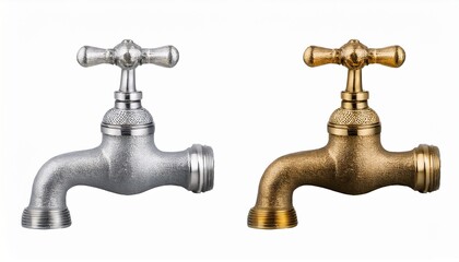 two vintage style faucets one gold and one silver side by side isolated on a white background