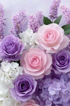 a large wall of roses and hydrangeas in various shades of pink, purple, white, and lavender, creating an enchanting floral background.