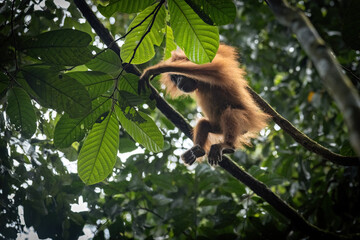 Obraz premium Baby orangutan on the tree in the rainforest of Sumatra, Indonesia