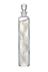 Tall glass potion bottle with swirling pearlescent white liquid. Magic mana elixir.