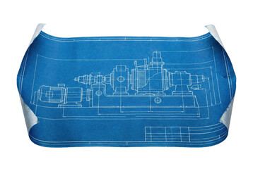 Rolled blue technical blueprint with machine diagram. Industrial engineering plan.