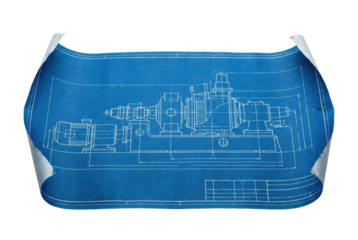 Rolled blue technical blueprint with machine diagram. Industrial engineering plan.
