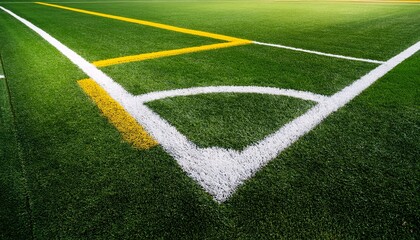 Obraz premium green synthetic grass artificial turf sports field with yellow and white lines