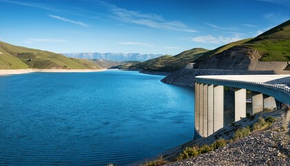 Obraz premium concrete structure curves along the edge of a vast blue reservoir surrounded by rolling hills