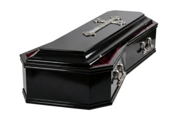 Black wooden coffin with silver cross isolated. Gothic funeral casket.