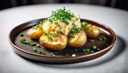 a gourmet dish of smashed potatoes with parmesan cheese and chives a crispy and savory appetizer a popular side dish in a fine dining restaurant a beautiful food photography of a classic recipe