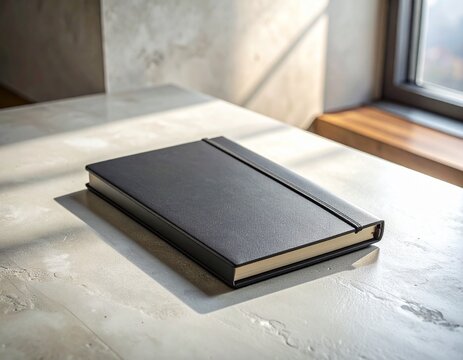 Black leather notebook on wooden desk with natural morning sunlight, flat lay office workspace with business journal and writing pad for education and planning