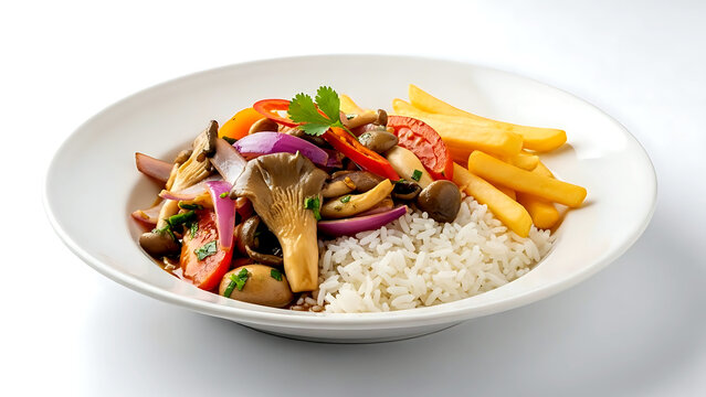 authentic Peruvian saltado de hongos (mushroom stir-fry), a colorful mix of oyster mushrooms, tomatoes, red onions, and aj&iacute; amarillo, over a bed of white rice, french fries 
