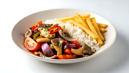 authentic Peruvian saltado de hongos (mushroom stir-fry), a colorful mix of oyster mushrooms, tomatoes, red onions, and aj&iacute; amarillo, over a bed of white rice, french fries 