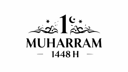 Black and white logo for 1 Muharram 1448 H, marking the Islamic New Year, with decorative stars and crescent moon.