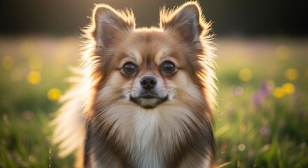 Striking golden hour portrait of a cute long-haired spitz dog breed standing in a grassy field