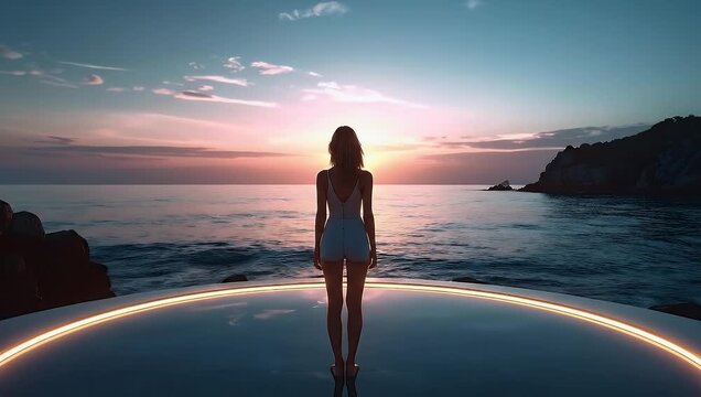 Woman on glowing futuristic platform at ocean sunset, contemplating the tranquil horizon in a serene landscape