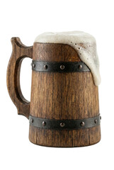 Wooden beer tankard with foam isolated. Medieval ale mug with spill.