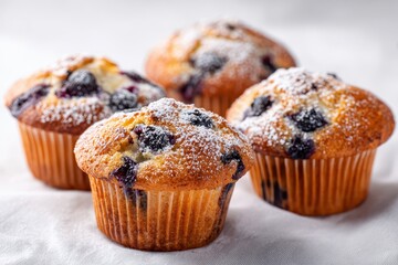 Fresh blueberry muffins on a white background, golden tops and berry specks